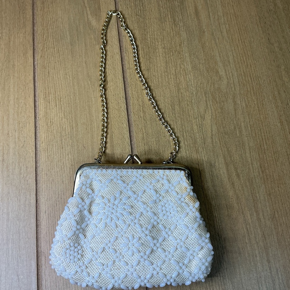 Vintage White Beaded Clutch with Gold Chain mini purse
